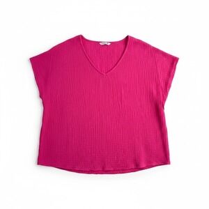 Bright Pink 100% Cotton Gauze V-Neck Top 2X Fuchsia Boxy Cap Sleeve Three‎ Dots